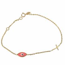 Χρυσό γυναικείο βραχιόλι Κ14 με ροζ μάτι και σταυρό 024422