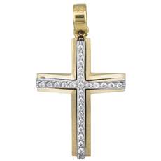 Δίχρωμος γυναικείος σταυρός Κ14 με λευκές ζιργκόν 028555