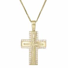 Χρυσός σταυρός με αλυσίδα Κ9 με λευκές ζιργκόν 029485C