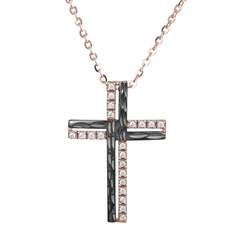 Γυναικείος σταυρός Κ14 ροζ gold με ζιργκόν 029502C