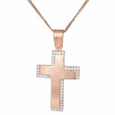 Βαπτιστικός σταυρός ροζ χρυσό Κ14 με αλυσίδα 033214C