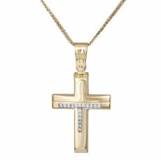 Δίχρωμος γυναικείος σταυρός Κ14 με αλυσίδα και ζιργκόν 033348C