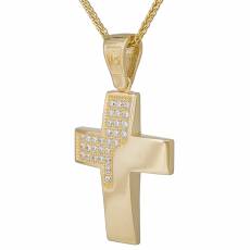 Βαπτιστικός σταυρός με ζιργκόν σε χρυσό Κ14 σετ με αλυσίδα 034884C