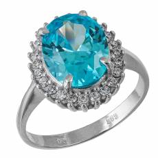 Γυναικείο λευκόχρυσο δαχτυλίδι Κ14 με γαλάζιο ζιργκόν σε ροζέτα 035180