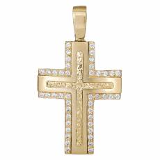 Γυναικείος χρυσός σταυρός Κ14 με λευκά ζιργκόν 035864