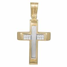 Δίχρωμος γυναικείος σταυρός Κ14 με λευκά ζιργκόν 036162