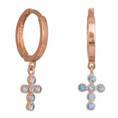 Ροζ χρυσά σκουλαρίκια με σταυρό από γαλάζια ζιργκόν Κ14 036849