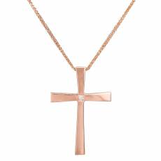 Βαπτιστικός ροζ gold σταυρός Κ18 με αλυσίδα και μπριγιάν 039076C