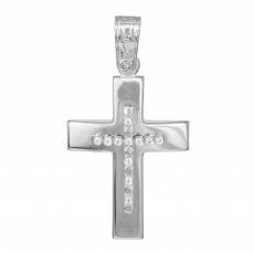 Λευκόχρυσος γυναικείος σταυρός Κ9 με μπίλιες και ζιργκόν 042849
