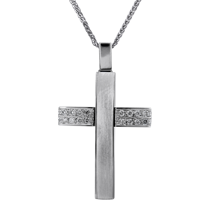 Βαπτιστικοί Σταυροί με Αλυσίδα Λευκόχρυσος σταυρός με μπριγιάν Κ18 C024728 024728C Γυναικείο Χρυσός 18 Καράτια