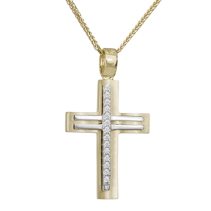 Βαπτιστικοί Σταυροί με Αλυσίδα Γυναικείος σταυρός Κ14 δίχρωμος με ζιργκόν πέτρες 031729C 031729C Γυναικείο Χρυσός 14 Καράτια