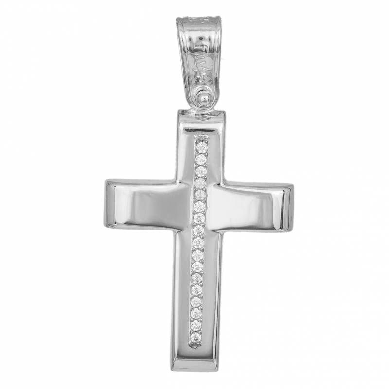 Σταυροί Βάπτισης - Αρραβώνα Λευκόχρυσος χειροποίητος σταυρός Κ9 με ζιργκόν 033689 033689 Γυναικείο Χρυσός 9 Καράτια