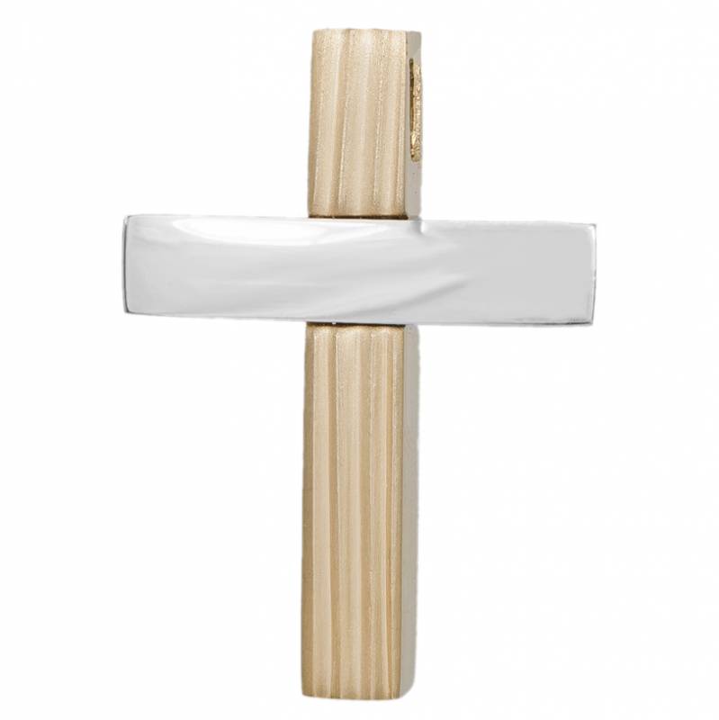 Σταυροί Βάπτισης - Αρραβώνα Δίχρωμος βαπτιστικός σταυρός Κ14 σε ανάγλυφο σχέδιο 034156 034156 Ανδρικό Χρυσός 14 Καράτια