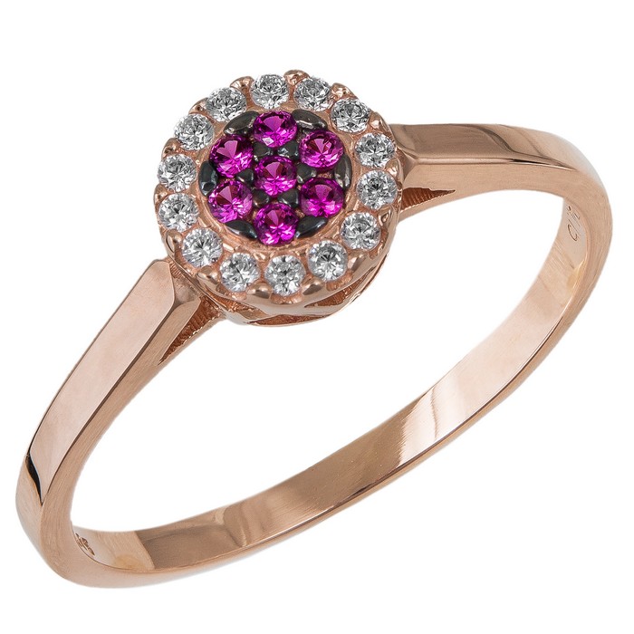 Pink gold δαχτυλίδι Κ14 με στρογγυλή ροζέτα και φούξια ζιργκόν 035570 035570 Χρυσός 14 Καράτια