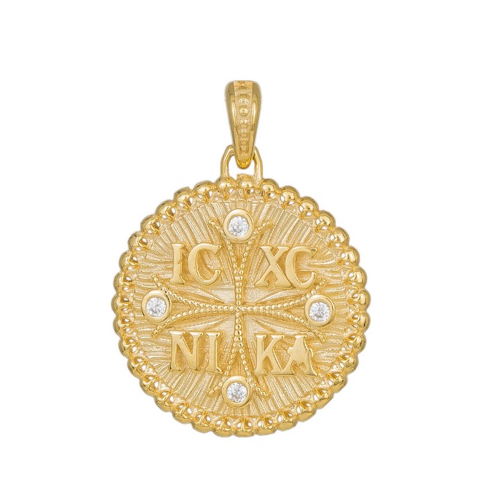 Εικόνα από Ανάγλυφο χρυσό φυλακτό Κ14 με φουξ και λευκά ζιργκόν 043129 043129 Χρυσός 14 Καράτια