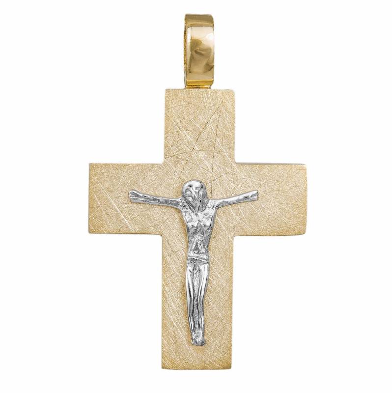 Σταυροί Βάπτισης - Αρραβώνα Δίχρωμος ανδρικός σταυρός αρραβώνα Κ14 με τον Εσταυρωμένο 040890 040890 Ανδρικό Χρυσός 14 Καράτια