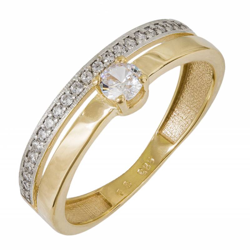 Διπλό χρυσό δαχτυλίδι Κ14 μονόπετρο με σειρέ 045561 045561 Χρυσός 14 Καράτια